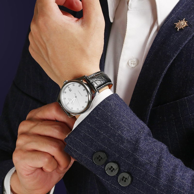 MORANO Moran Genuine Leather Band Alligator and Cowhide Replacement Deployment Buckle Watch strap18mm to 24mm Crocodile Leather Strap for Men's and Women's 21mm Alligator Black White Line-Silver Buckle - Image 4